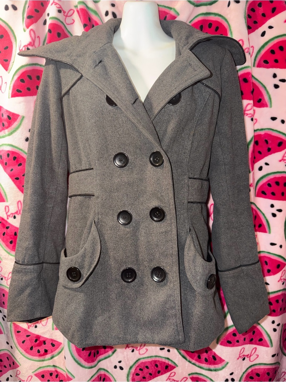 🩶 Yoki Double-Breasted Peacoat with Button Detail